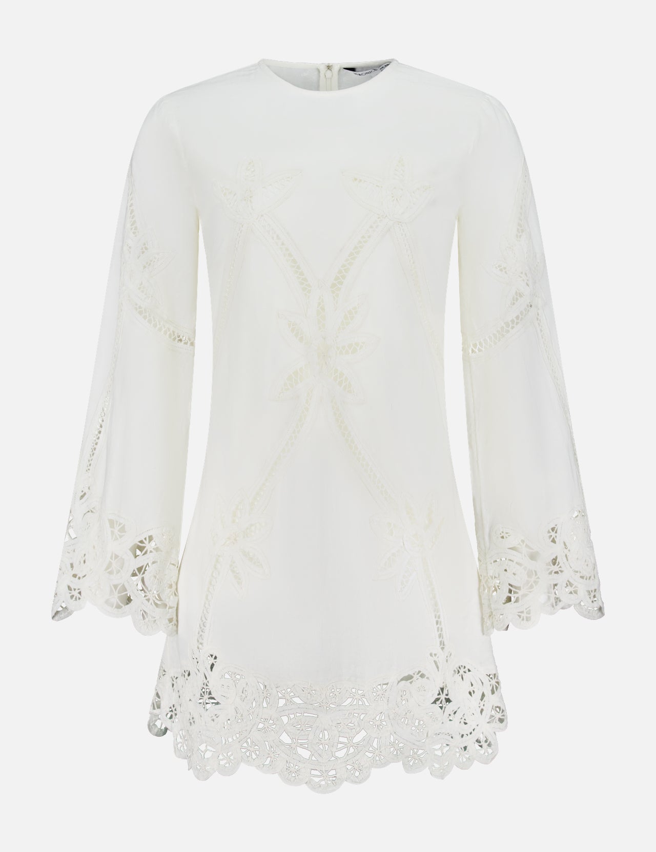 The Amberg Scalloped Lace Dress by VERONICA BEARD, crafted from a soft cotton-linen blend with Battenberg lace and floral embroidery on the sleeves and hem, is displayed against a plain white background.