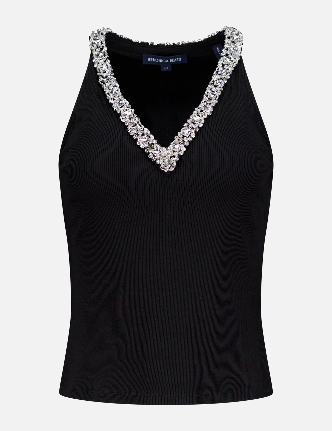 The Ayres Rhinestone Detail Top by VERONICA BEARD is a sleeveless black ribbed tank with a deep V-neckline embellished with rhinestones. Shown in a slim fit on a plain white background.