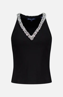 The Ayres Rhinestone Detail Top by VERONICA BEARD is a sleeveless black ribbed tank with a deep V-neckline embellished with rhinestones. Shown in a slim fit on a plain white background.