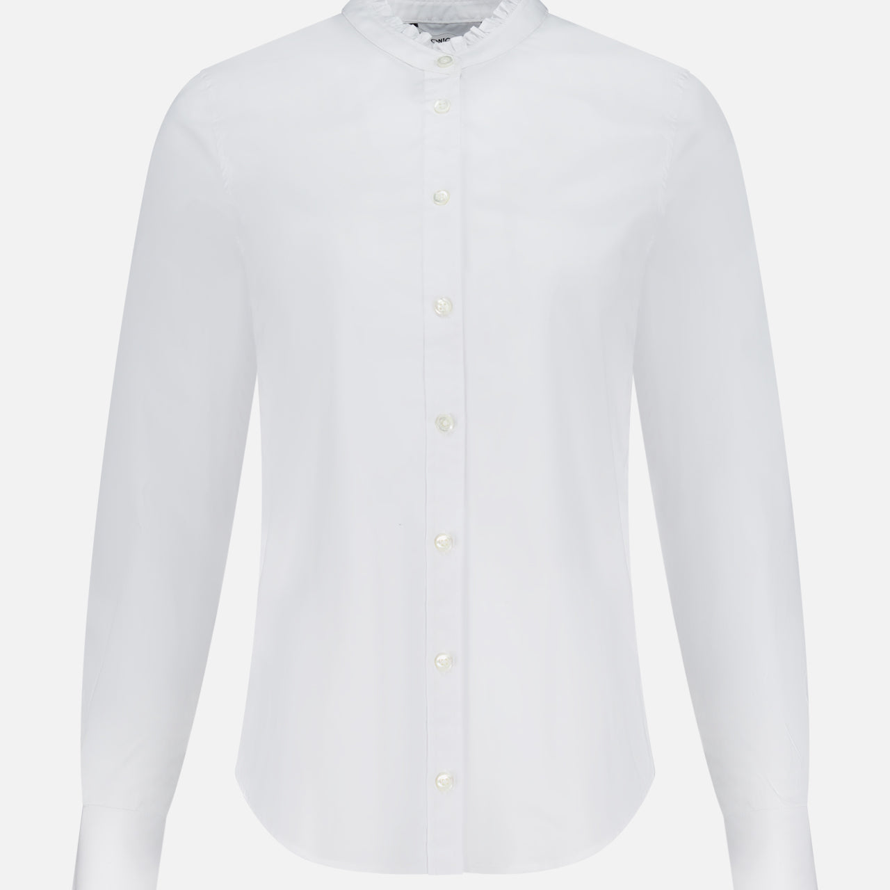 The VERONICA BEARD Bays Ruffle Collar Shirt is a white stretch cotton button-down with a small ruffled collar and buttoned cuffs, offering comfort and feminine style. Shown on a plain white background.