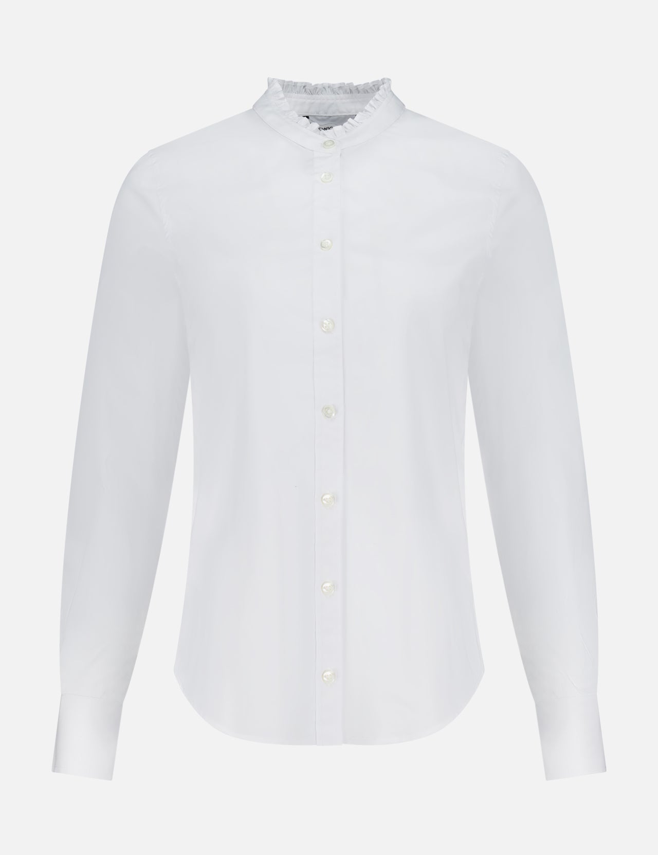 The VERONICA BEARD Bays Ruffle Collar Shirt is a white stretch cotton button-down with a small ruffled collar and buttoned cuffs, offering comfort and feminine style. Shown on a plain white background.