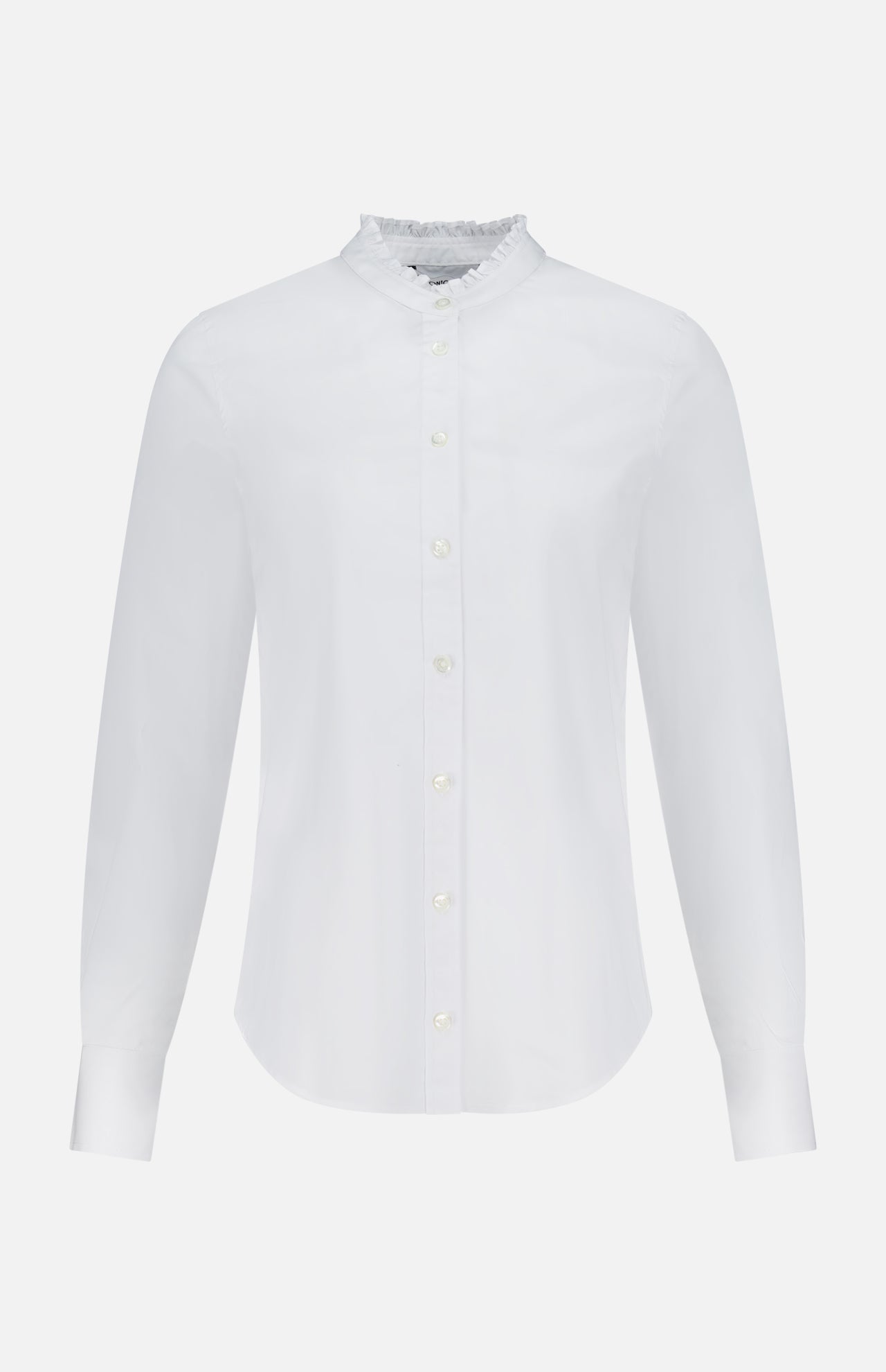 The VERONICA BEARD Bays Ruffle Collar Shirt is a white stretch cotton button-down with a small ruffled collar and buttoned cuffs, offering comfort and feminine style. Shown on a plain white background.