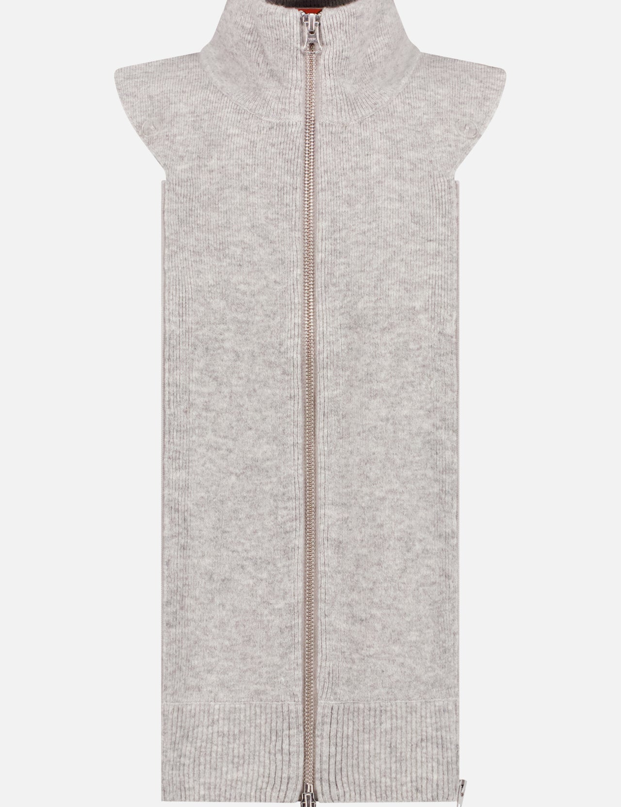 The Cashmere-blend Uptown Dickey by VERONICA BEARD is a light gray, sleeveless, knitted vest with a full-length front zipper and high collar, shown against a plain white background.