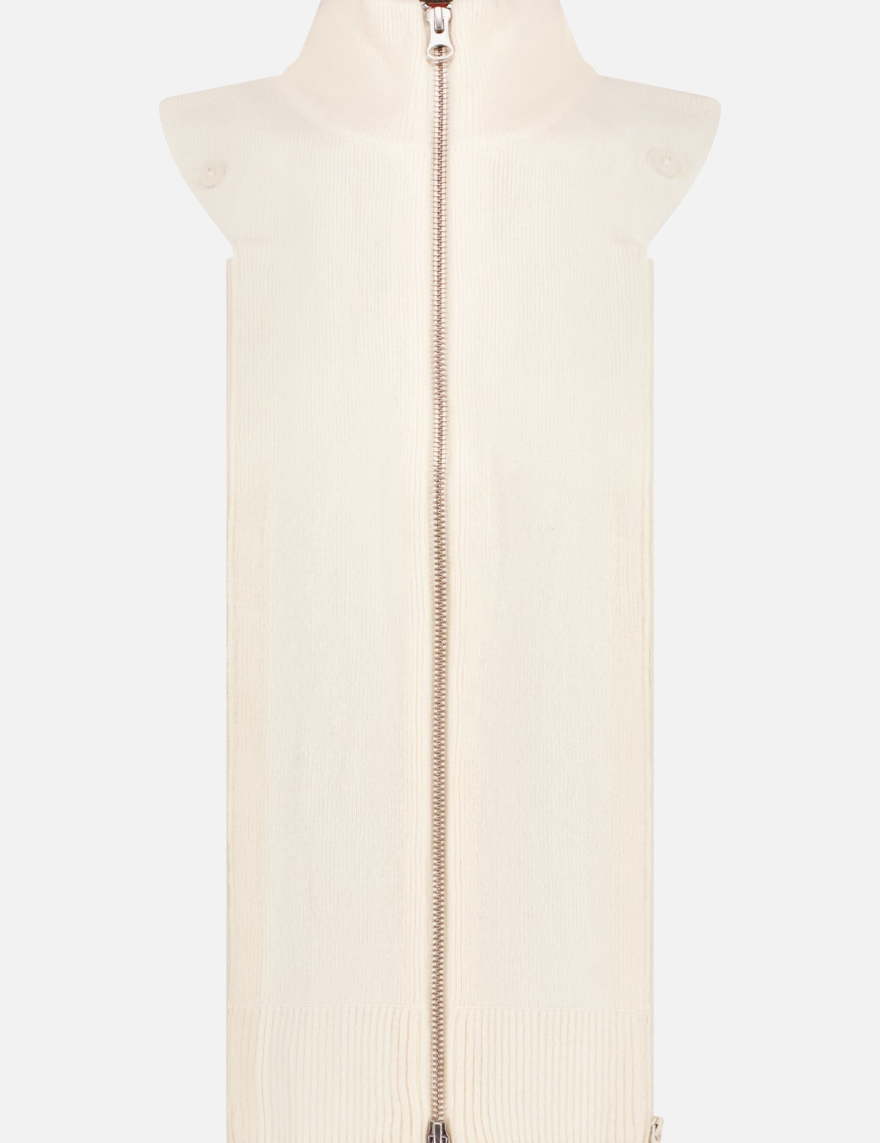 The VERONICA BEARD Cashmere-blend Uptown Dickey is a sleeveless, cream knit vest with a high collar and ribbed two-way zipper, shown on a plain white background.