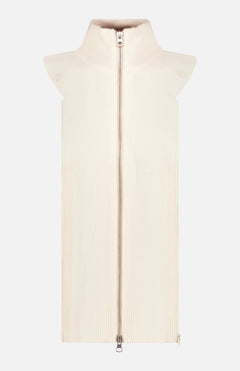 The VERONICA BEARD Cashmere-blend Uptown Dickey is a sleeveless, cream knit vest with a high collar and ribbed two-way zipper, shown on a plain white background.