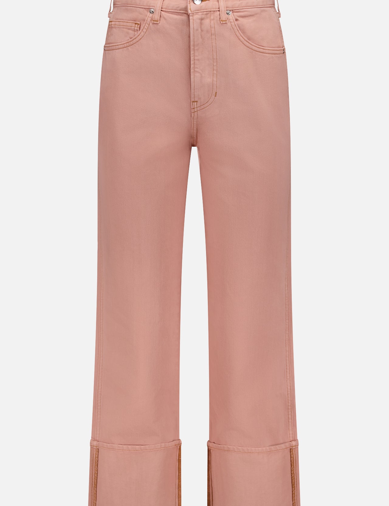 The Dylan Ankle High Rise Straight Jean by VERONICA BEARD features a high-waisted fit, straight leg, pale pink denim, button and zip closure, front and back pockets, and extra-wide cuffed hems.