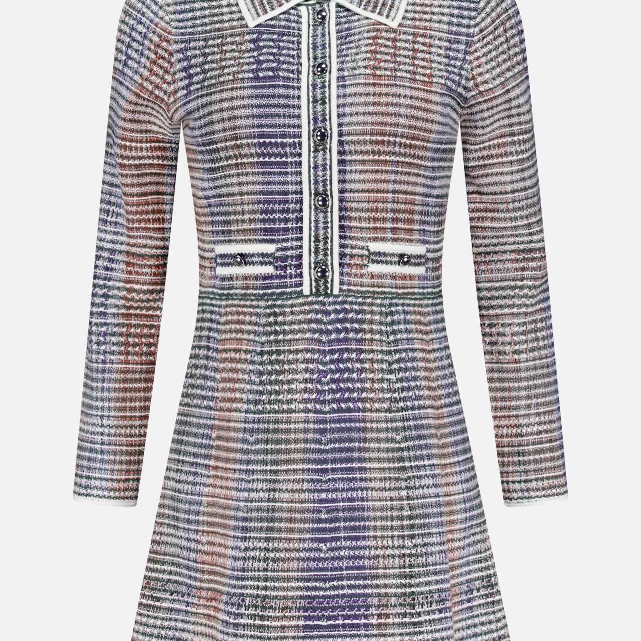 The Lauper Tweed-like Mini Dress by VERONICA BEARD features long sleeves, a collar, front buttons, and waist pocket flaps in a purple, white, and rust plaid—perfect for a polished office look.