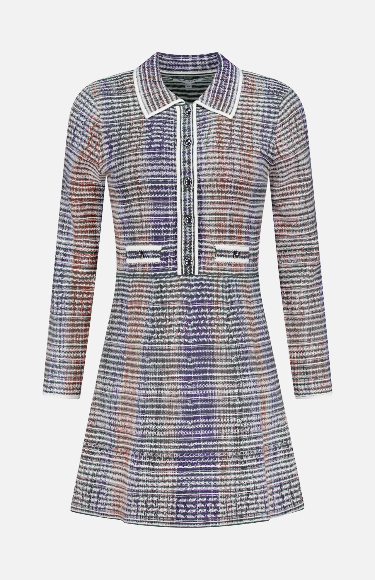 The Lauper Tweed-like Mini Dress by VERONICA BEARD features long sleeves, a collar, front buttons, and waist pocket flaps in a purple, white, and rust plaid—perfect for a polished office look.