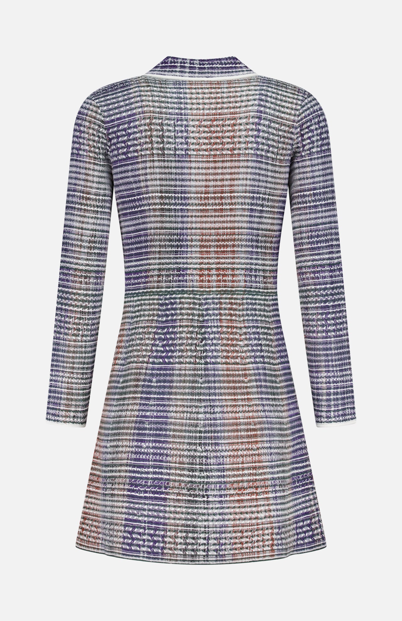 The Lauper Tweed-like Mini Dress by VERONICA BEARD is a long-sleeved, above-the-knee mini dress featuring a purple, gray, white, and rust orange plaid pattern, shown from the back on a plain white background.