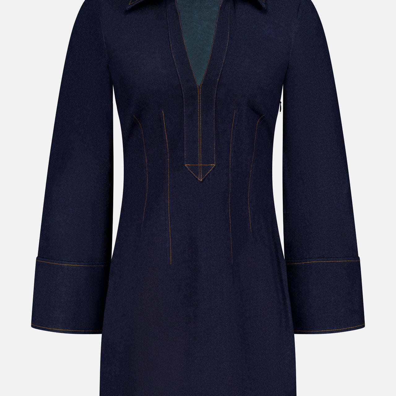 The Raymond Denim Mini Dress by VERONICA BEARD features dark blue denim, a wide collar, deep V-neckline, long sleeves with wide cuffs, tan stitching, and a tailored fit-and-flare silhouette for a timeless style.