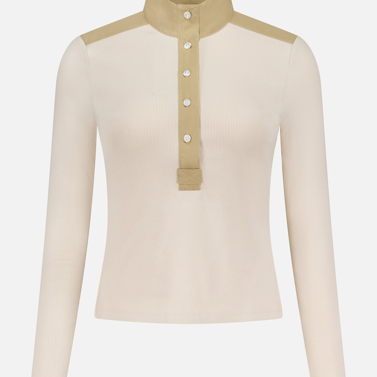 The Reynart Contrast Trim Top by VERONICA BEARD is a cream ribbed, long-sleeve button-front top with tan stand collar, shoulder accents, and placket—perfect as a chic base layer or beige statement piece.