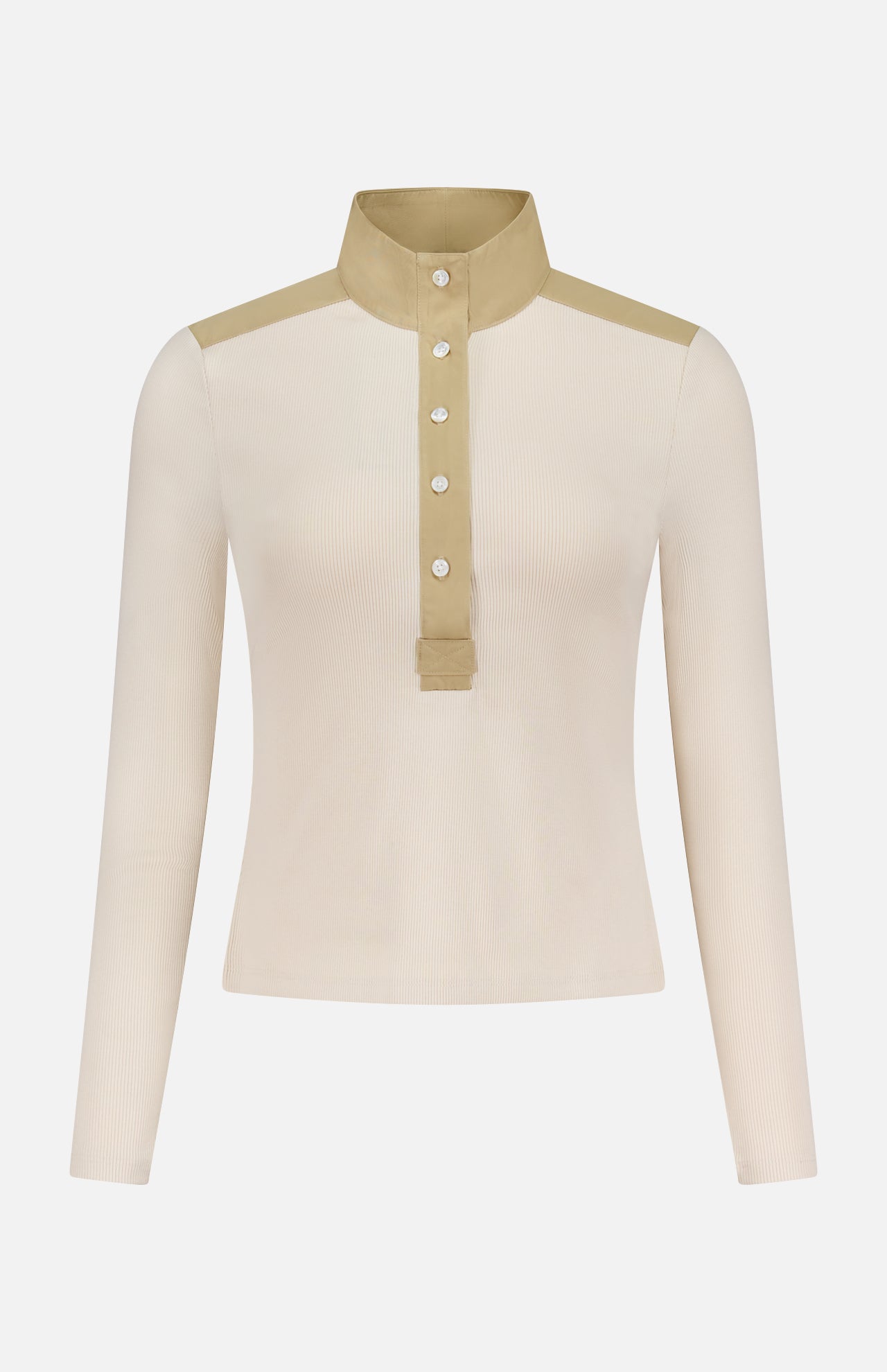 The Reynart Contrast Trim Top by VERONICA BEARD is a cream ribbed, long-sleeve button-front top with tan stand collar, shoulder accents, and placket—perfect as a chic base layer or beige statement piece.