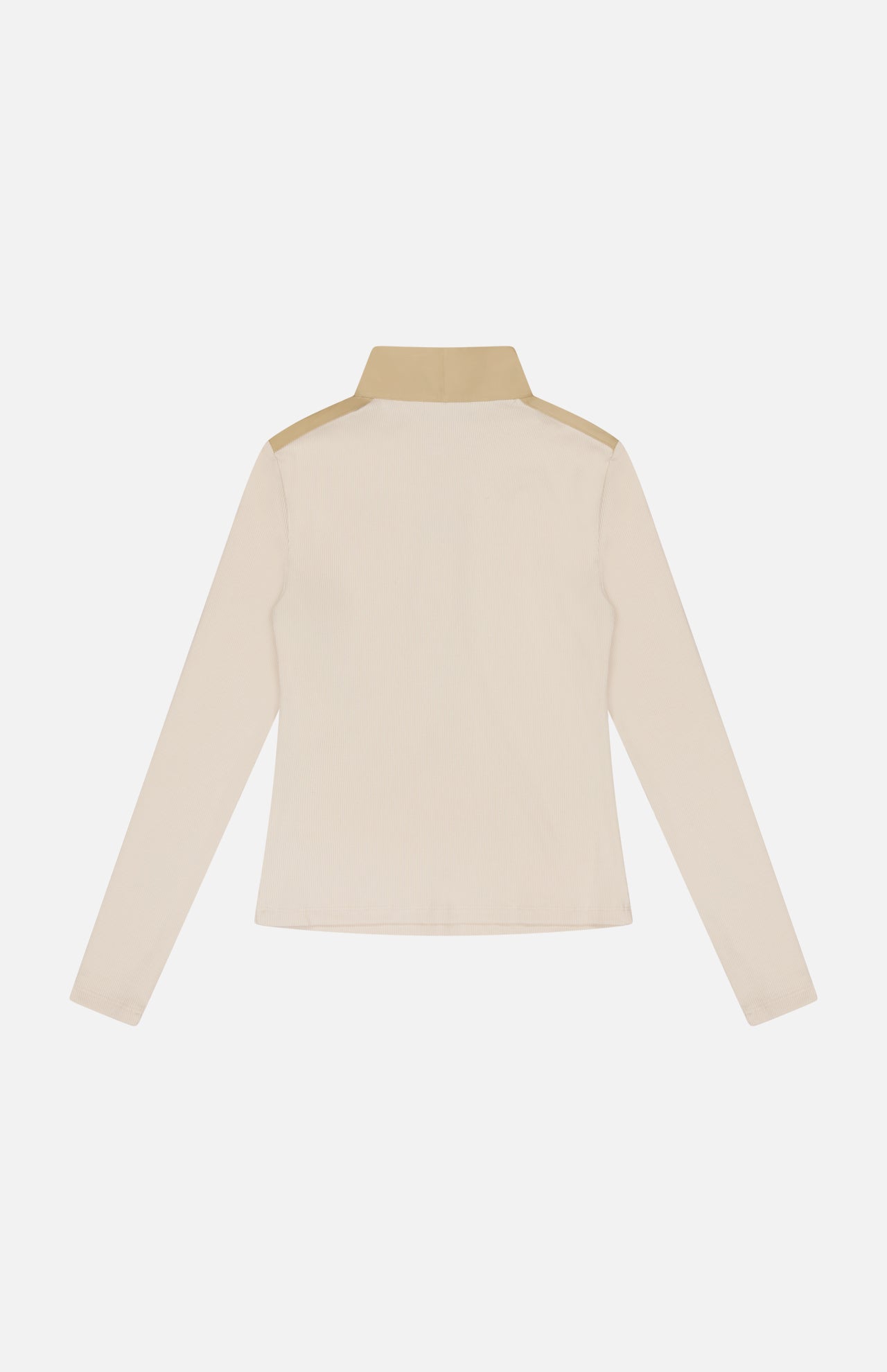 The VERONICA BEARD Reynart Contrast Trim Top is a long-sleeve, light beige base layer with tan collar and shoulder accents, shown laid flat with the back facing up on a plain white background.
