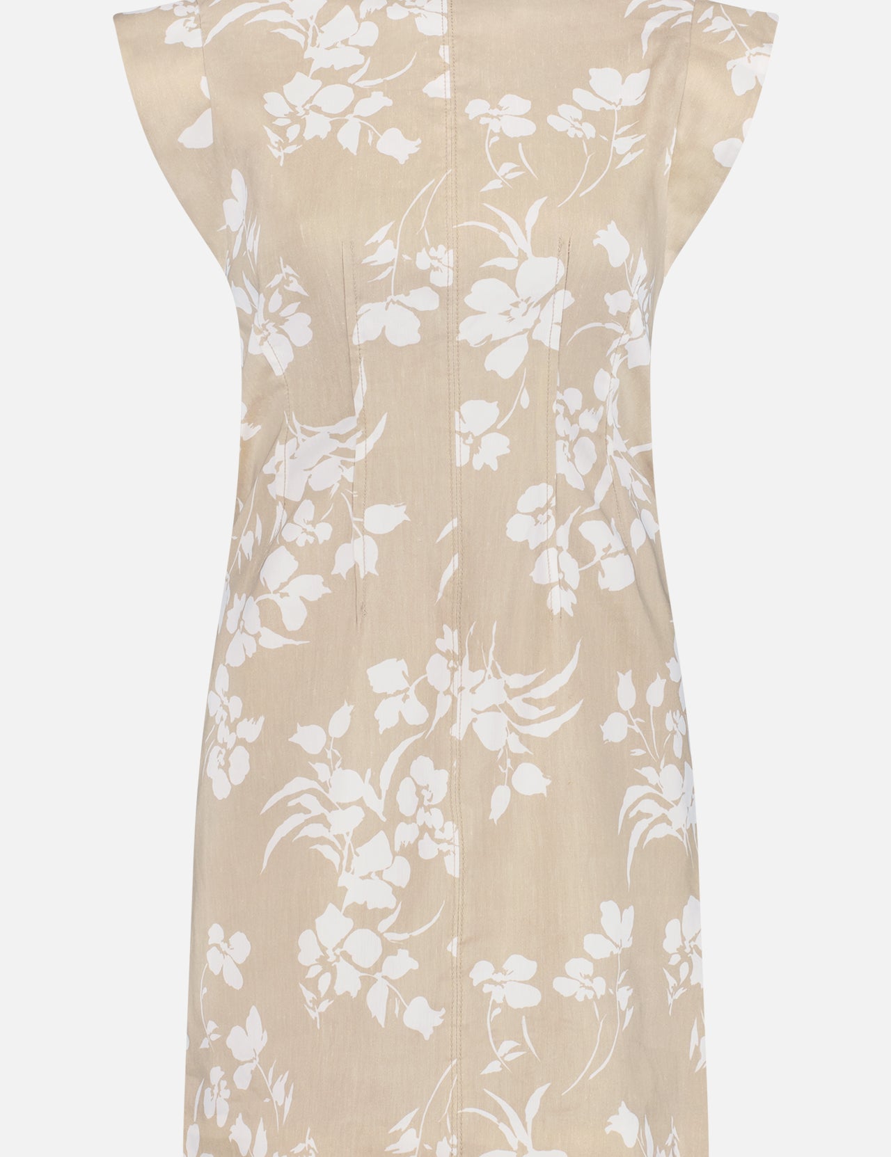 Back view of the VERONICA BEARD Rosedale Dress in beige with white floral prints, featuring short cap sleeves and a straight, above-the-knee hem.