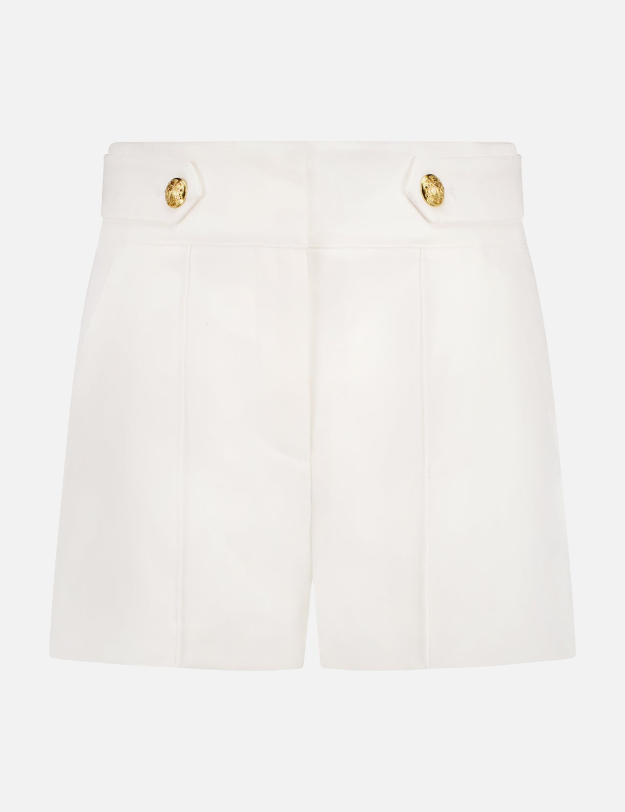 VERONICA BEARD Runo Short: Chic white high-rise linen shorts from our summer collection, featuring gold decorative buttons on the waistband, front seams, and side pockets. Shown against a plain white background.
