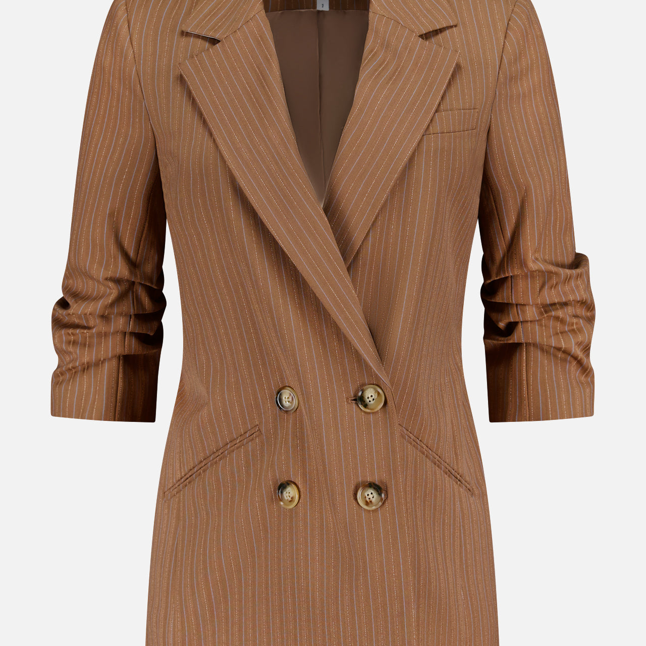 The Rupert Oversized Dickey Jacket by VERONICA BEARD is a brown pinstripe double-breasted blazer with gold buttons, notched lapels, and ruched sleeves, shown on a plain white background.