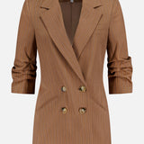 The Rupert Oversized Dickey Jacket by VERONICA BEARD is a brown pinstripe double-breasted blazer with gold buttons, notched lapels, and ruched sleeves, shown on a plain white background.