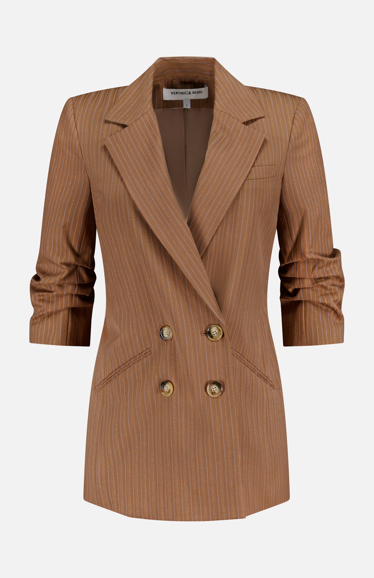 The Rupert Oversized Dickey Jacket by VERONICA BEARD is a brown pinstripe double-breasted blazer with gold buttons, notched lapels, and ruched sleeves, shown on a plain white background.