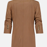 The VERONICA BEARD Rupert Oversized Dickey Jacket is a brown pinstriped blazer with long sleeves, three cuff buttons, a notched collar, and subtle sheen. Features vertical white stripes and is dickey compatible for chic styling.