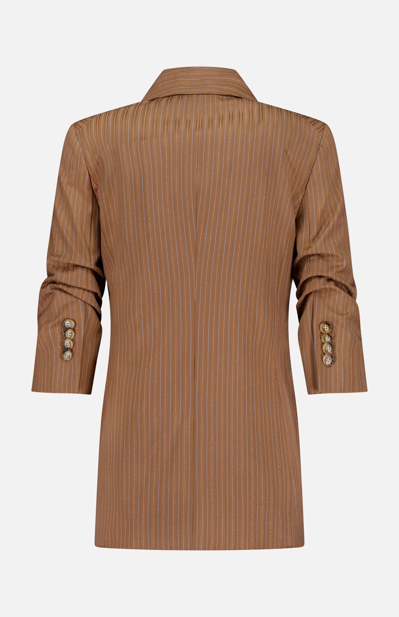The VERONICA BEARD Rupert Oversized Dickey Jacket is a brown pinstriped blazer with long sleeves, three cuff buttons, a notched collar, and subtle sheen. Features vertical white stripes and is dickey compatible for chic styling.