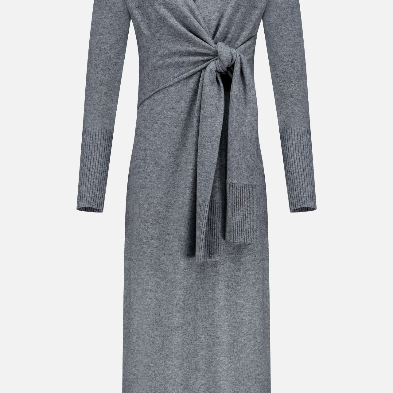 The Salomez Knit Wrap Dress by VERONICA BEARD is a grey, long-sleeved cashmere-blend midi dress with a V-neckline, front tie-knot waist detail, and ribbed cuffs and hem for added texture.