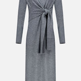 The Salomez Knit Wrap Dress by VERONICA BEARD is a grey, long-sleeved cashmere-blend midi dress with a V-neckline, front tie-knot waist detail, and ribbed cuffs and hem for added texture.