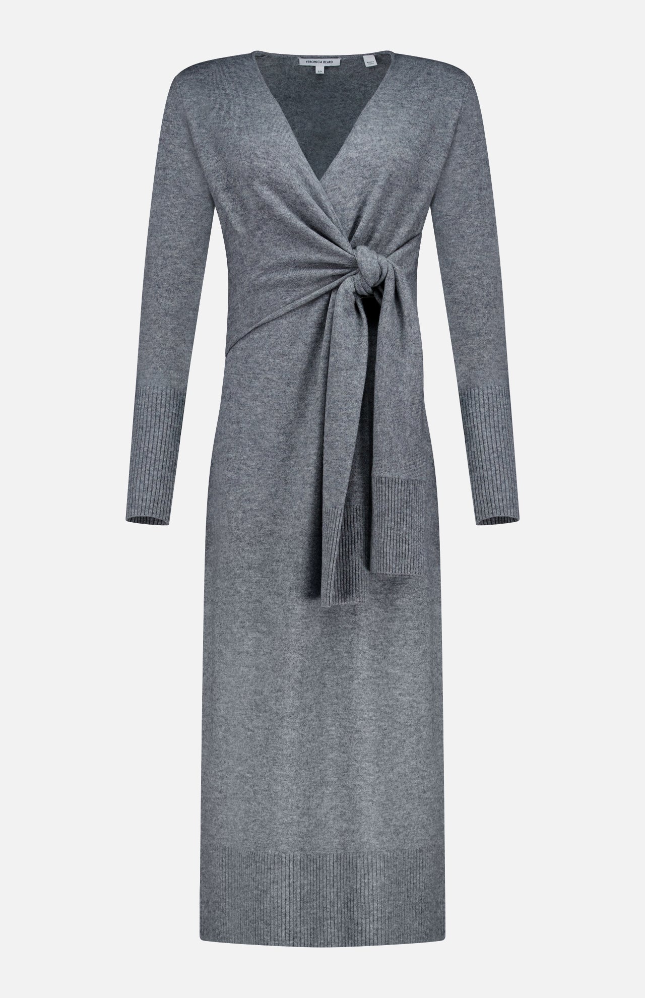 The Salomez Knit Wrap Dress by VERONICA BEARD is a grey, long-sleeved cashmere-blend midi dress with a V-neckline, front tie-knot waist detail, and ribbed cuffs and hem for added texture.