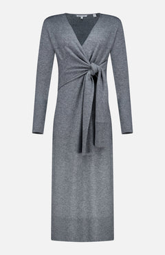 The Salomez Knit Wrap Dress by VERONICA BEARD is a grey, long-sleeved cashmere-blend midi dress with a V-neckline, front tie-knot waist detail, and ribbed cuffs and hem for added texture.