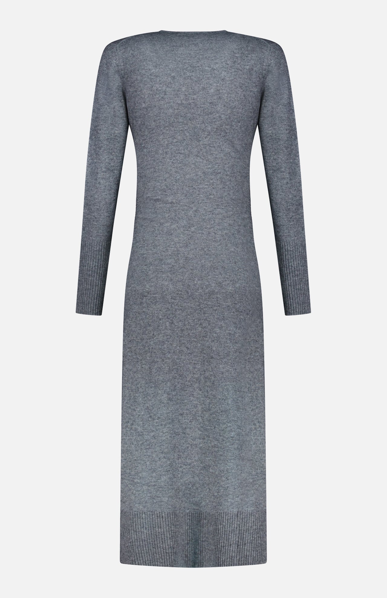 The Salomez Knit Wrap Dress by VERONICA BEARD is a grey, long-sleeved merino wool sweater dress with ribbed cuffs and hem, shown from the back against a plain white background.