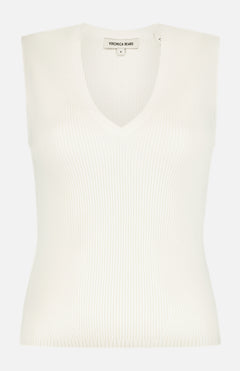 The Sid Sleeveless Pullover by VERONICA BEARD is a stretch-knit, ribbed V-neck top with a fitted silhouette. Shown on a plain white background, the label inside the neckline reads VERONICA BEARD.