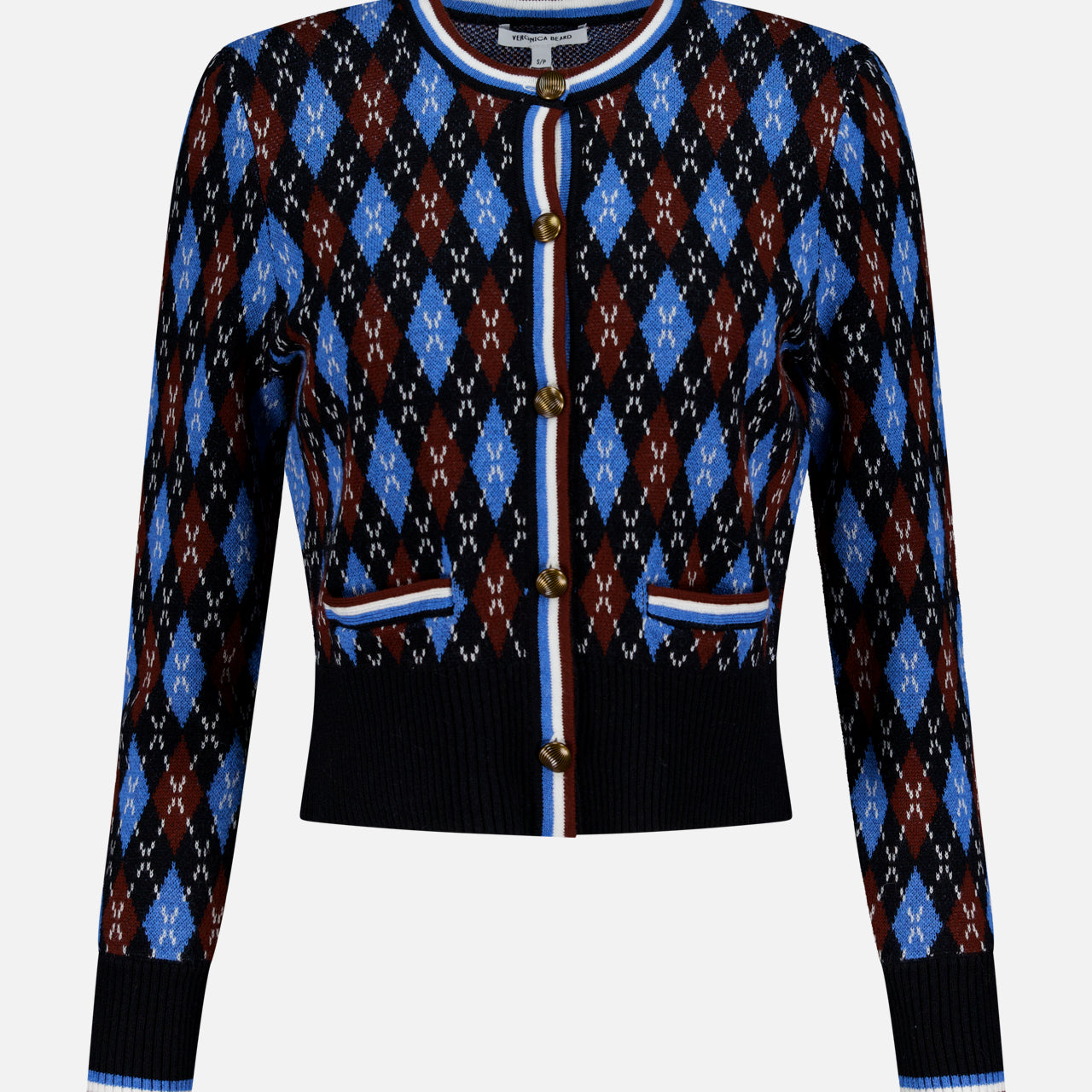 The Sylvane Cropped Argyle Cardigan by VERONICA BEARD is a slim fit, long-sleeved cardigan with blue, brown, and white argyle pattern, front buttons, and ribbed trim at the cuffs, hem, and collar.