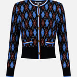 The Sylvane Cropped Argyle Cardigan by VERONICA BEARD is a slim fit, long-sleeved cardigan with blue, brown, and white argyle pattern, front buttons, and ribbed trim at the cuffs, hem, and collar.