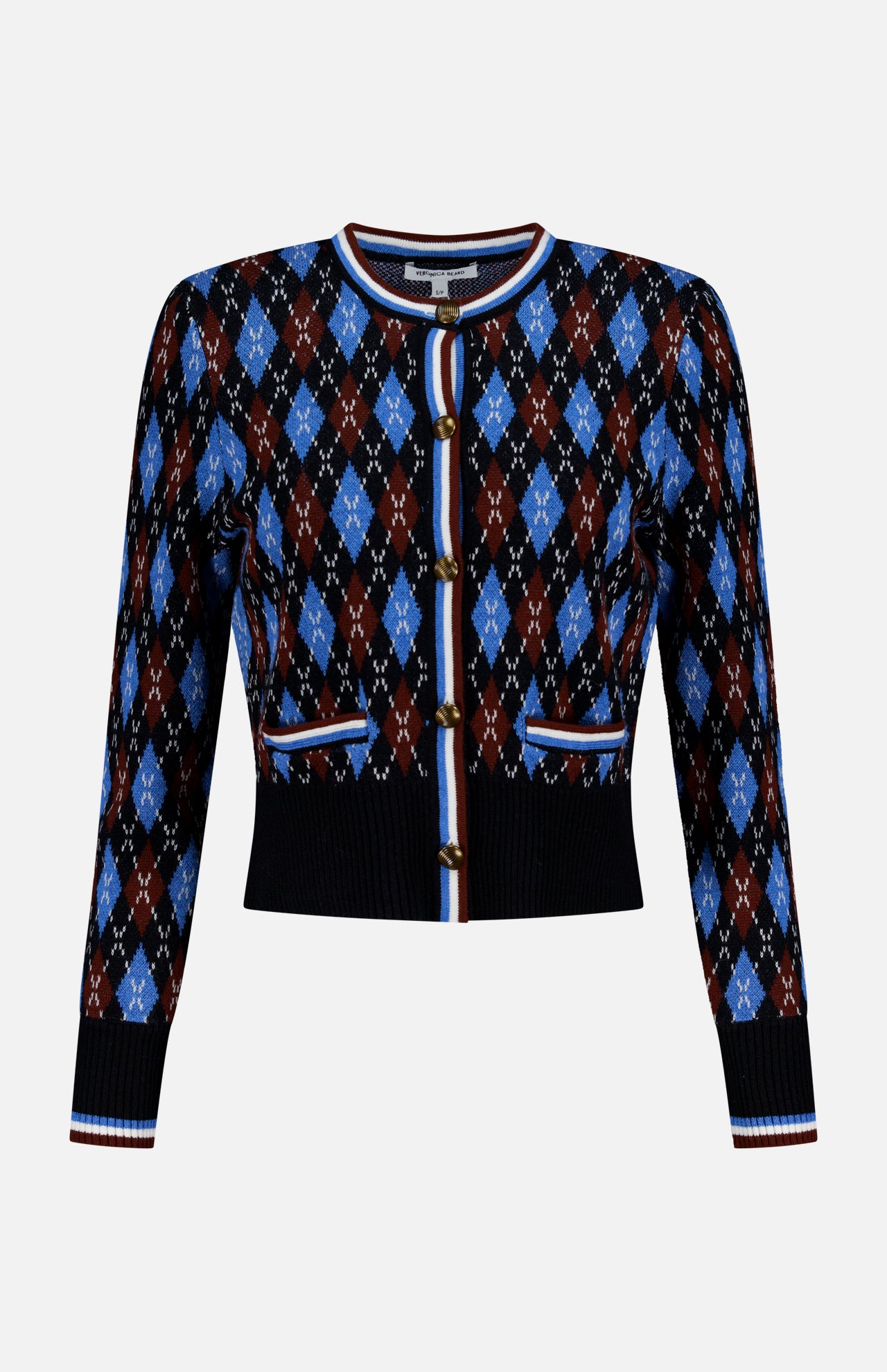 The Sylvane Cropped Argyle Cardigan by VERONICA BEARD is a slim fit, long-sleeved cardigan with blue, brown, and white argyle pattern, front buttons, and ribbed trim at the cuffs, hem, and collar.