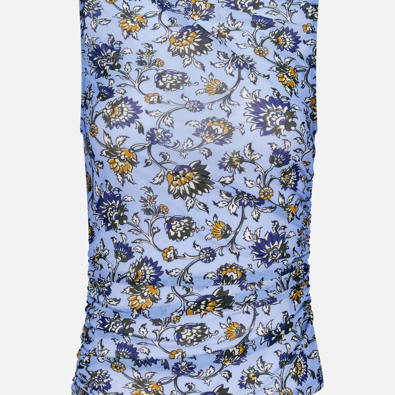 The Sylviani Form-fitting Top by VERONICA BEARD is a sleeveless blue blouse with an all-over white, yellow, and dark blue floral print, side ruching, and a high neckline for a chic look.