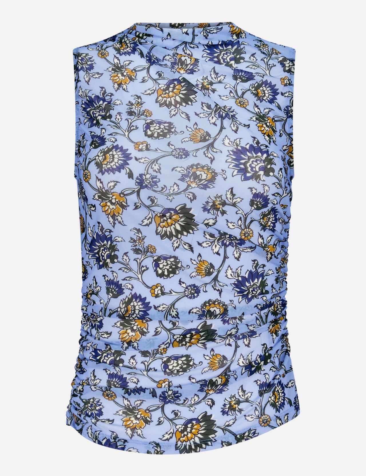 The Sylviani Form-fitting Top by VERONICA BEARD is a sleeveless blue blouse with an all-over white, yellow, and dark blue floral print, side ruching, and a high neckline for a chic look.