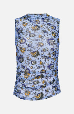 The Sylviani Form-fitting Top by VERONICA BEARD is a sleeveless blue blouse with an all-over white, yellow, and dark blue floral print, side ruching, and a high neckline for a chic look.