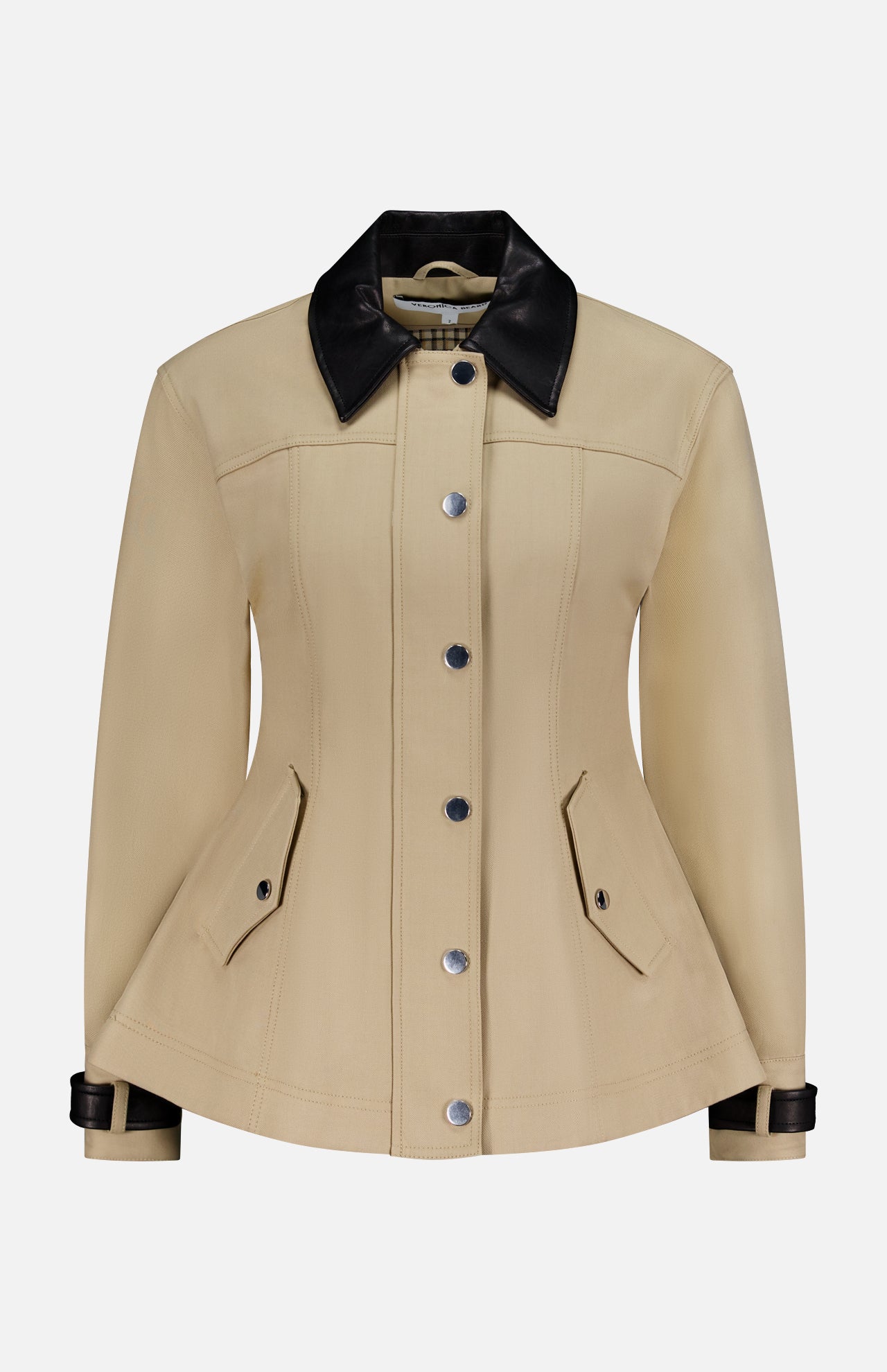 The Talla Water Repellant Jacket by VERONICA BEARD features a beige tailored fit, black leather collar and cuffs, button-down front, and angled flap pockets, shown against a plain white background.