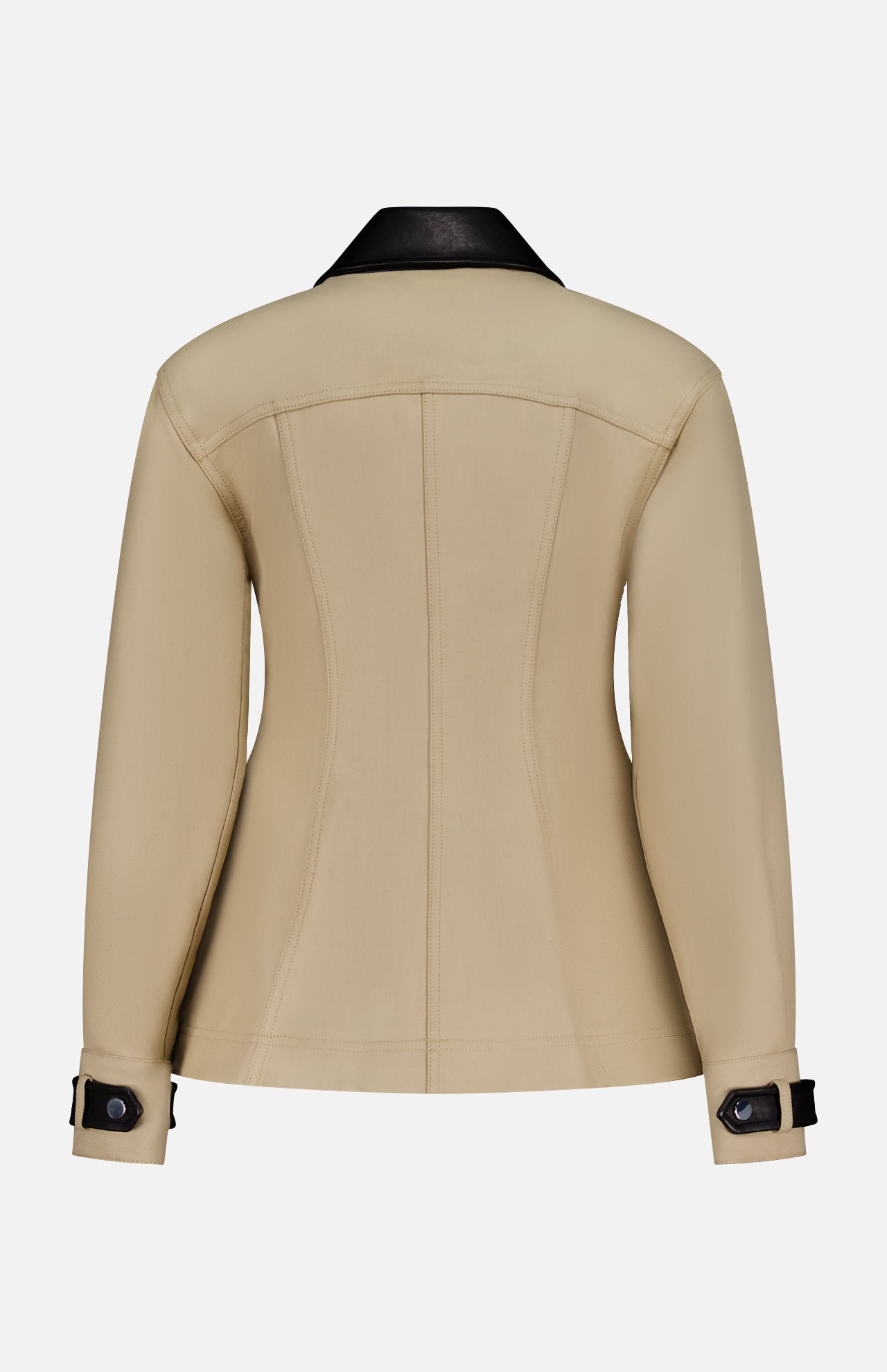 The VERONICA BEARD Talla Water Repellant Jacket in beige features a contrasting black collar, black cuff straps and buttons, tailored seams, and a modern back view—perfect for stylish weather-ready looks.