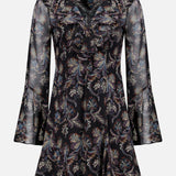 The Adrienne Paisley Mini Dress by VERONICA BEARD is a black long-sleeve dress adorned with a paisley and floral print, featuring sheer flared sleeves and a ruffled V-neckline. Displayed on a plain white background, this bohemian mini dress effortlessly blends classic elegance with contemporary style.