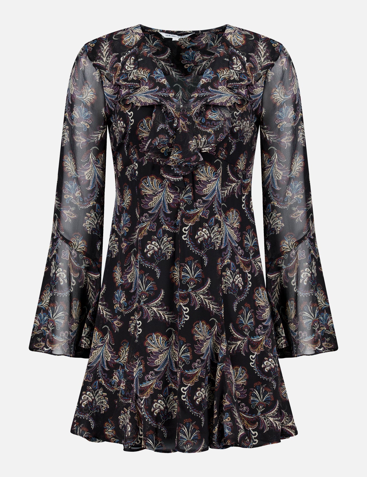 The Adrienne Paisley Mini Dress by VERONICA BEARD is a black long-sleeve dress adorned with a paisley and floral print, featuring sheer flared sleeves and a ruffled V-neckline. Displayed on a plain white background, this bohemian mini dress effortlessly blends classic elegance with contemporary style.