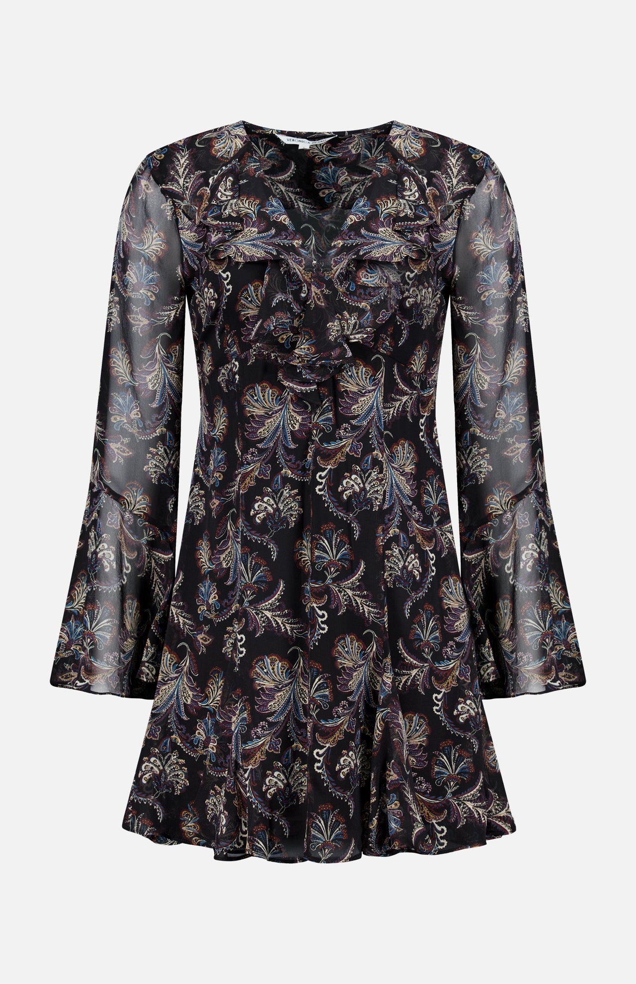 The Adrienne Paisley Mini Dress by VERONICA BEARD is a black long-sleeve dress adorned with a paisley and floral print, featuring sheer flared sleeves and a ruffled V-neckline. Displayed on a plain white background, this bohemian mini dress effortlessly blends classic elegance with contemporary style.