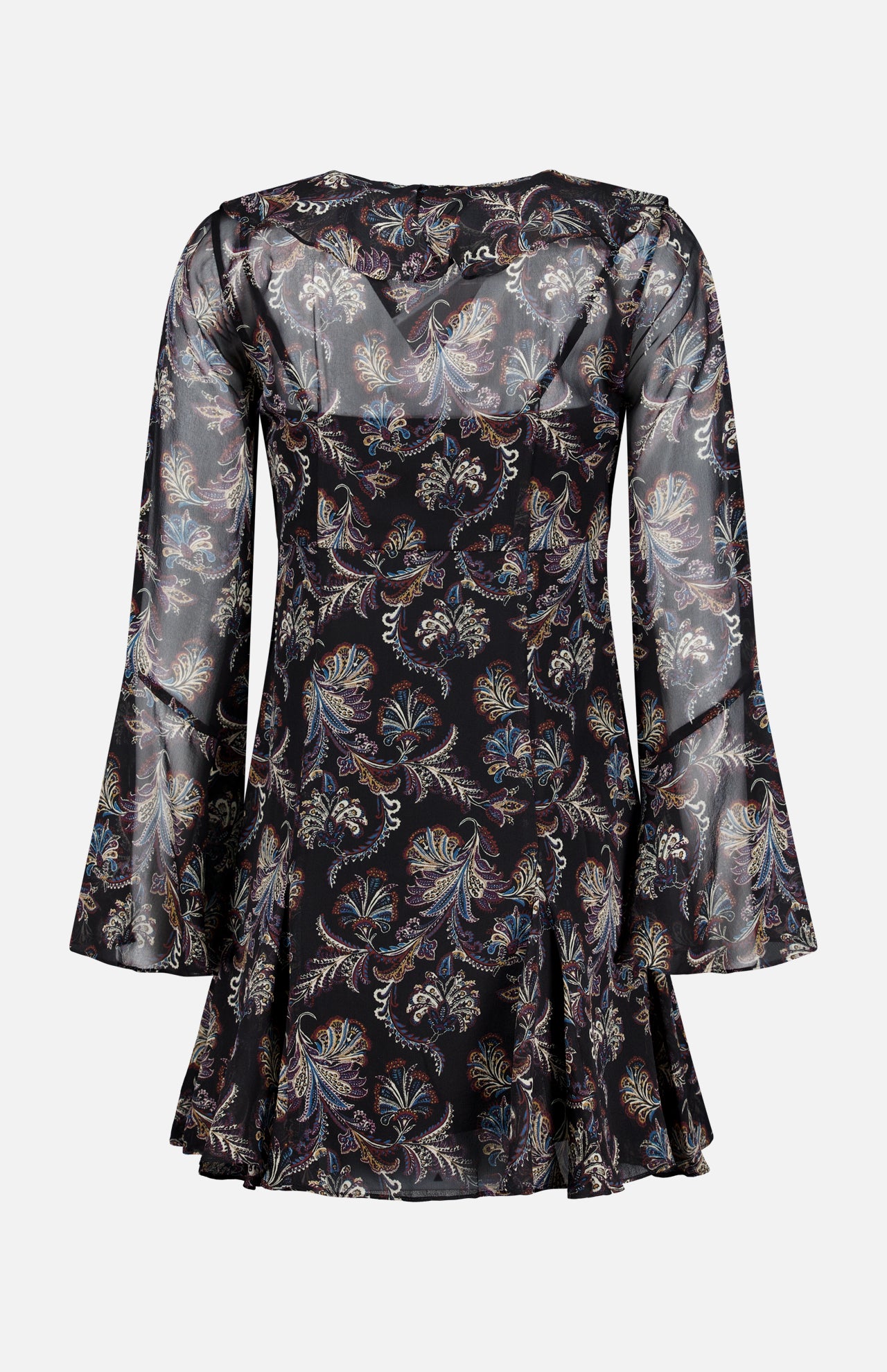 The Adrienne Paisley Mini Dress by VERONICA BEARD features sheer long sleeves, black silk fabric adorned with a colorful paisley pattern, a fitted waist, and a flared hem, displayed on a plain background.