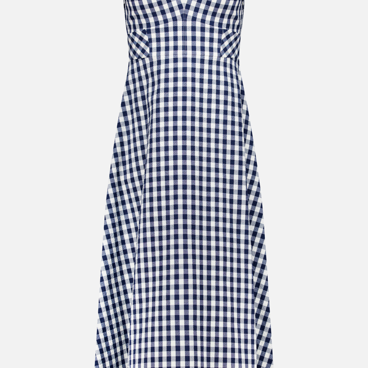The Aila Gingham Seersucker Dress by VERONICA BEARD is a sleeveless, knee-length midi with a fitted bodice and flared skirt in classic navy and white checks.