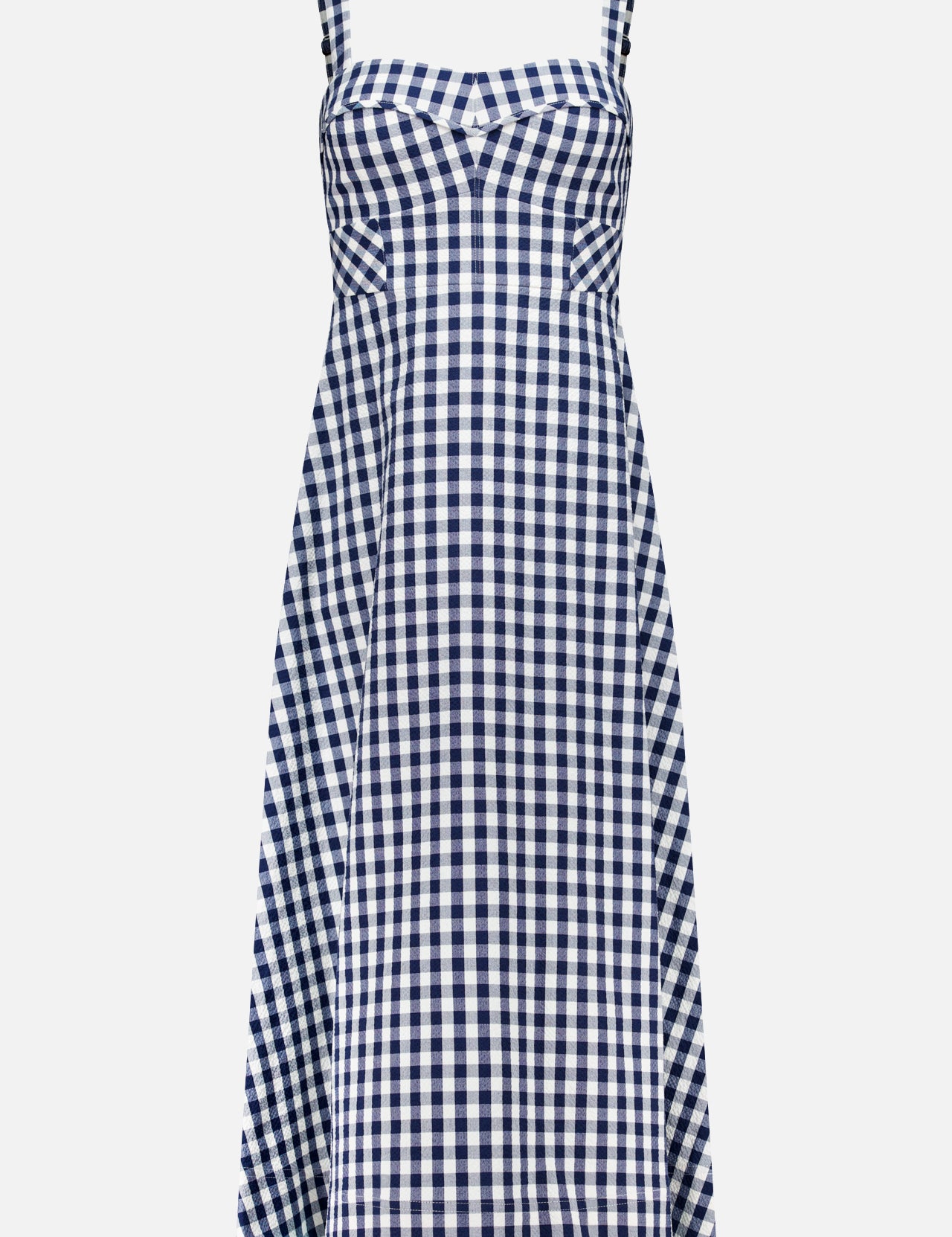 The Aila Gingham Seersucker Dress by VERONICA BEARD is a sleeveless, knee-length midi with a fitted bodice and flared skirt in classic navy and white checks.