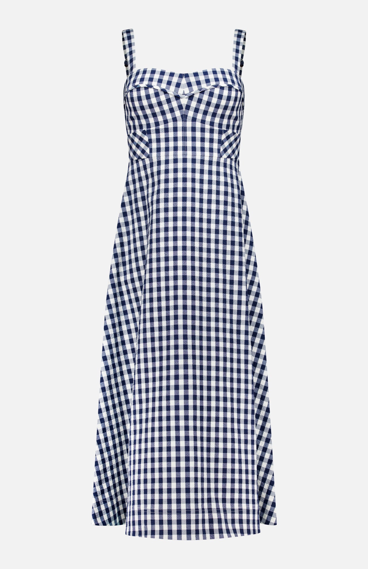 The Aila Gingham Seersucker Dress by VERONICA BEARD is a sleeveless, knee-length midi with a fitted bodice and flared skirt in classic navy and white checks.