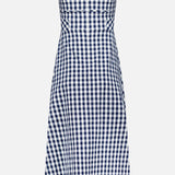 The Aila Gingham Seersucker Dress by VERONICA BEARD features a sleeveless blue and white check design, fitted bodice, square neckline, and a slightly flared skirt in stretch-cotton for all-day comfort.