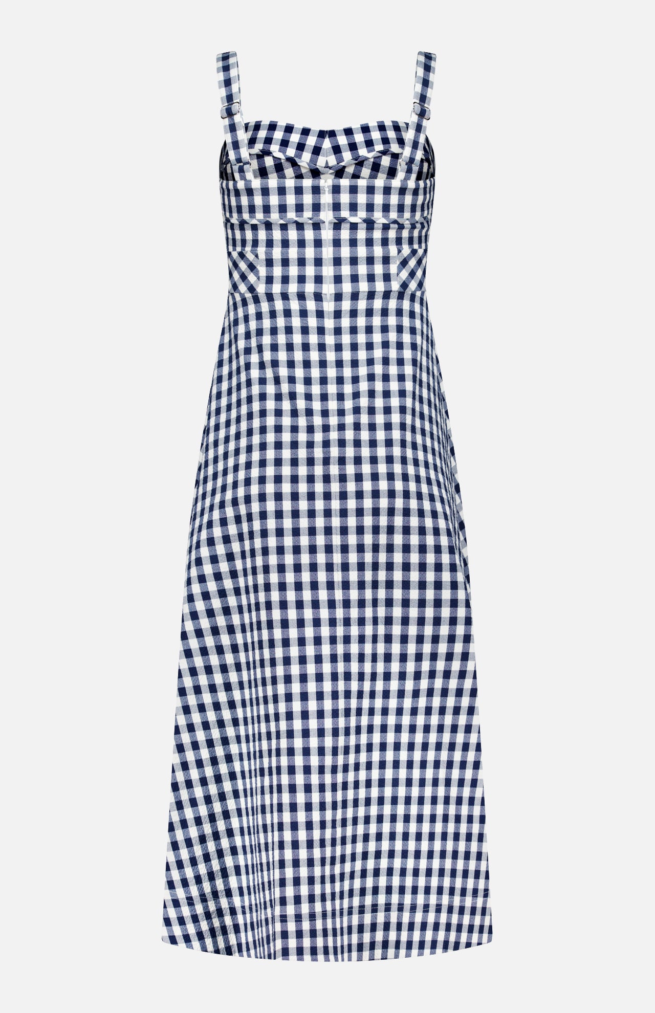 The Aila Gingham Seersucker Dress by VERONICA BEARD features a sleeveless blue and white check design, fitted bodice, square neckline, and a slightly flared skirt in stretch-cotton for all-day comfort.