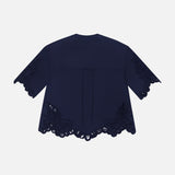 The Aleck Scalloped Embroidery Shirt by VERONICA BEARD in navy cotton poplin features short sleeves, floral scalloped lace embroidery on the sleeves and hem, and is shown from the back against a white background.