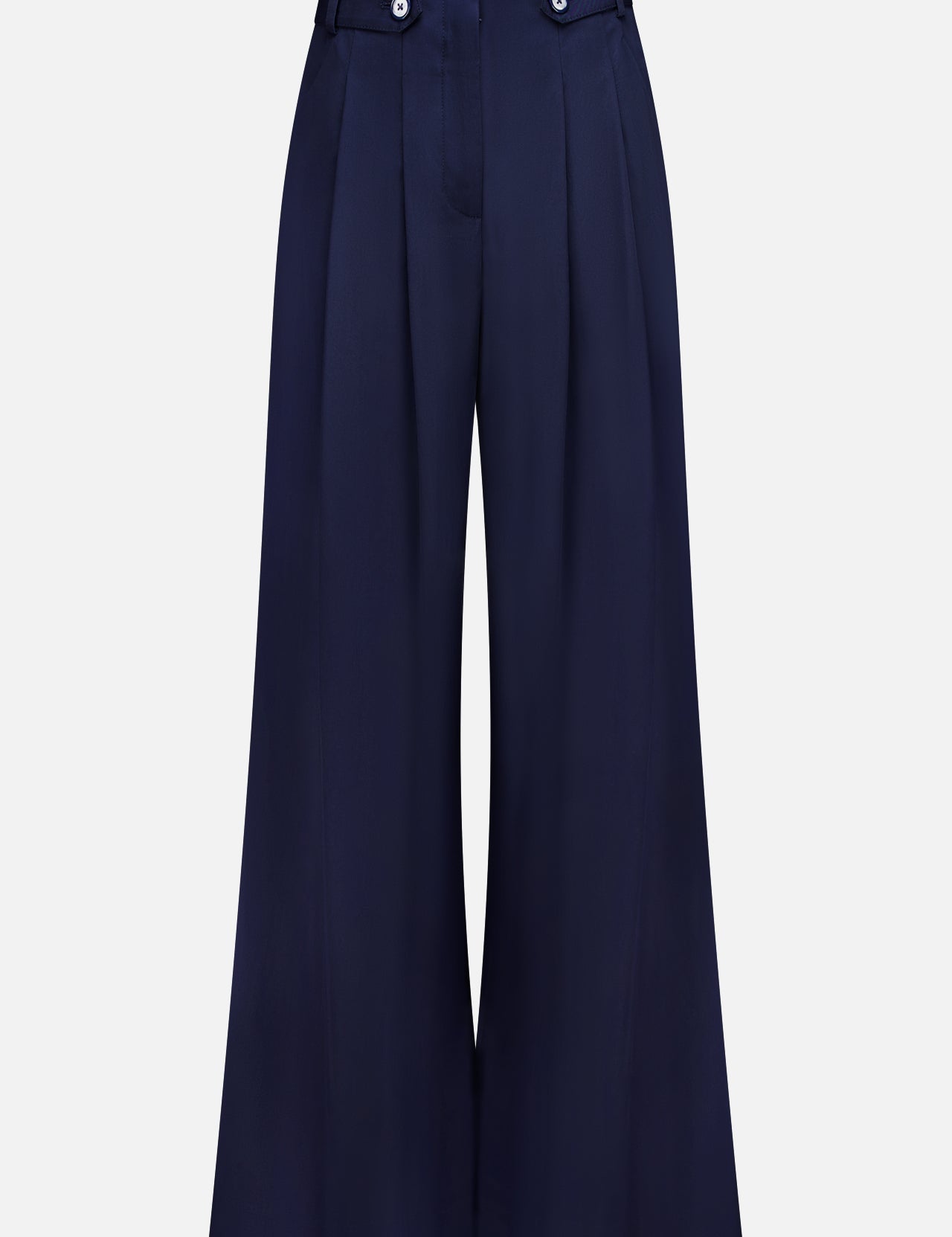 The VERONICA BEARD Allman Wide Leg Button Tab Pant features a high waist, front pleats, belt loops, and button accents at the waistband. These versatile navy women’s cotton pants are showcased against a plain white background.