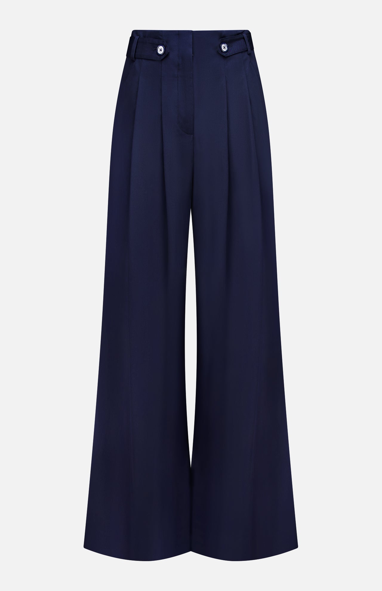 The VERONICA BEARD Allman Wide Leg Button Tab Pant features a high waist, front pleats, belt loops, and button accents at the waistband. These versatile navy women’s cotton pants are showcased against a plain white background.